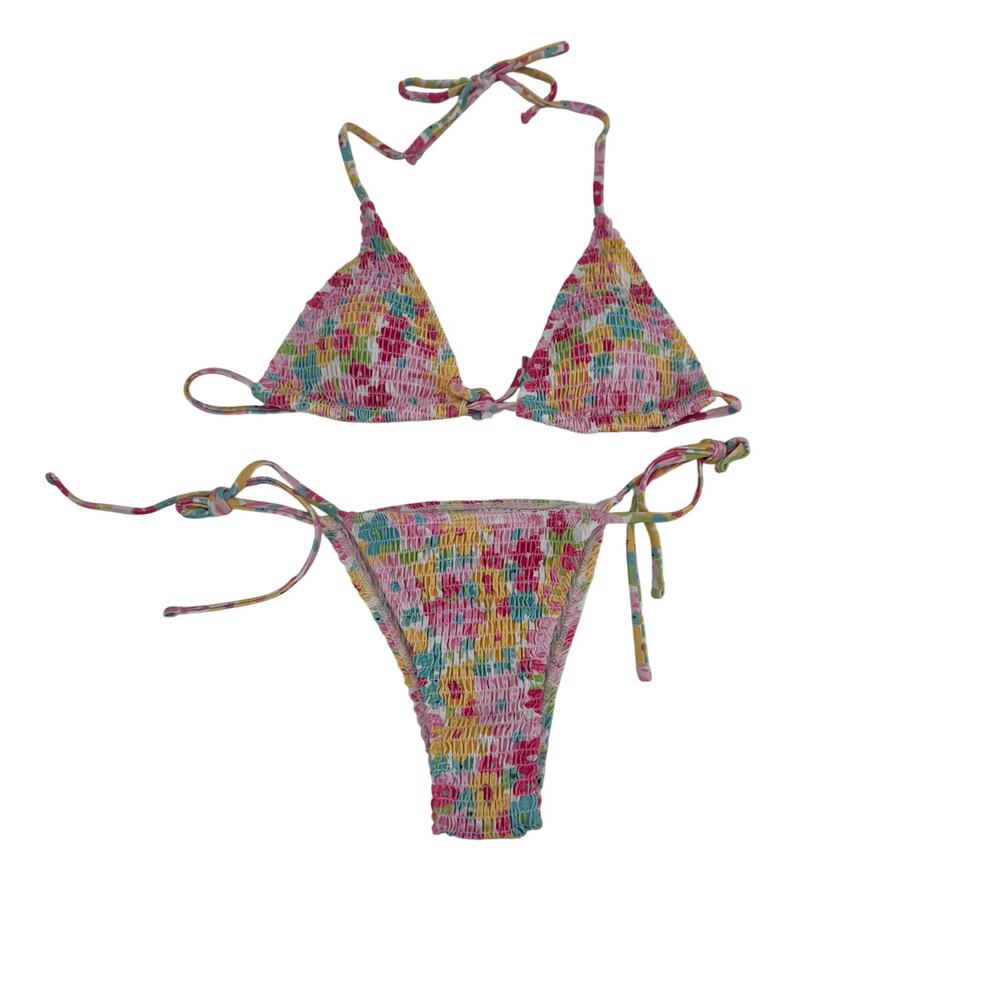 Make Me Chic Women Medium Multicolor Smocked Drawstring 2 Piece Bikini Swimsuit